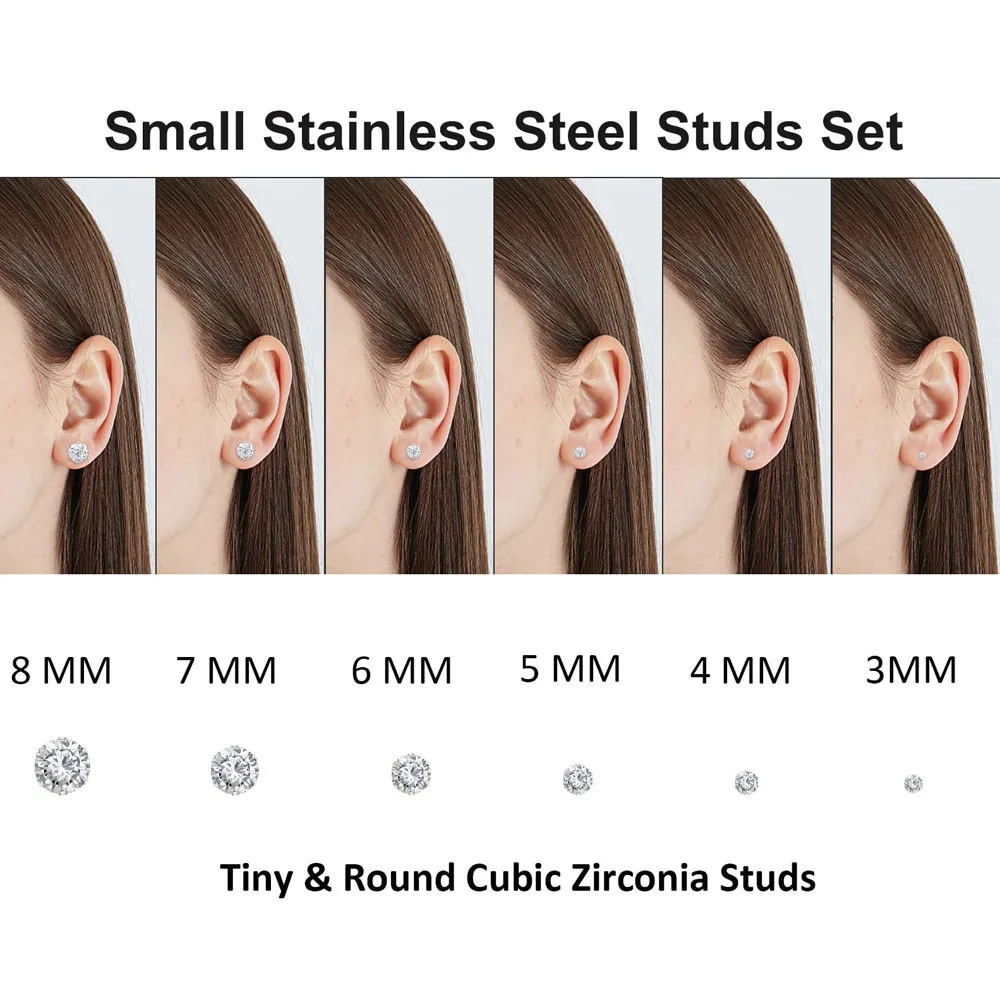 1 Pair Hypoallergenic Stainless Steel Small Tiny White Round/Square Cubic Zirconia Stud Earrings for Men Women Silver Tone 3-8mm