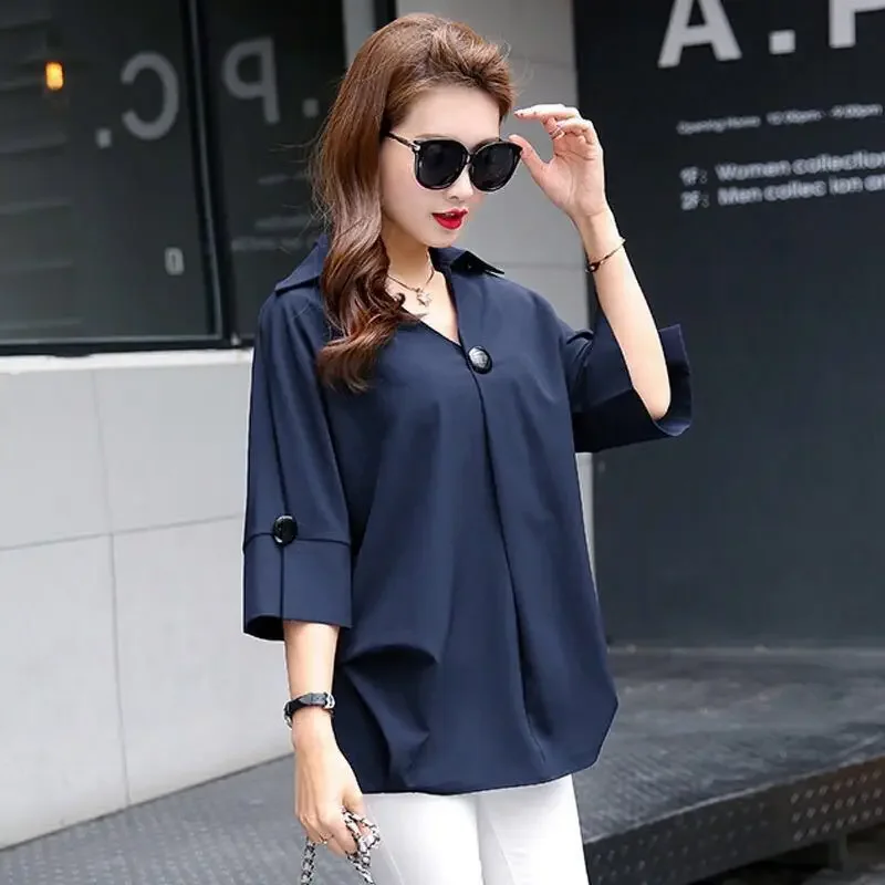 Western Style Large Size Short Sleeved Casual Loose Shirt for Women\'s New Summer Slimming Covering the Belly Quality Chiffon Top