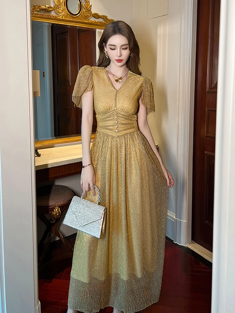 Summer Vintage Glitter Gold Bright Silk Evening Dress Women Clothes Elegant Luxury V-Neck Slim Maxi Party Birthday Vestidos Robe