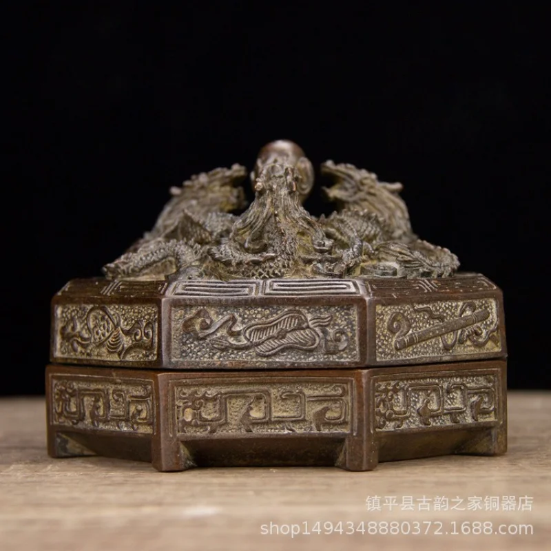 Brass Vintage Antique Pure Copper Dragon Playing with Pearls Octagonal Incense Box Ornament Office Living Room Shop Desktop Deco