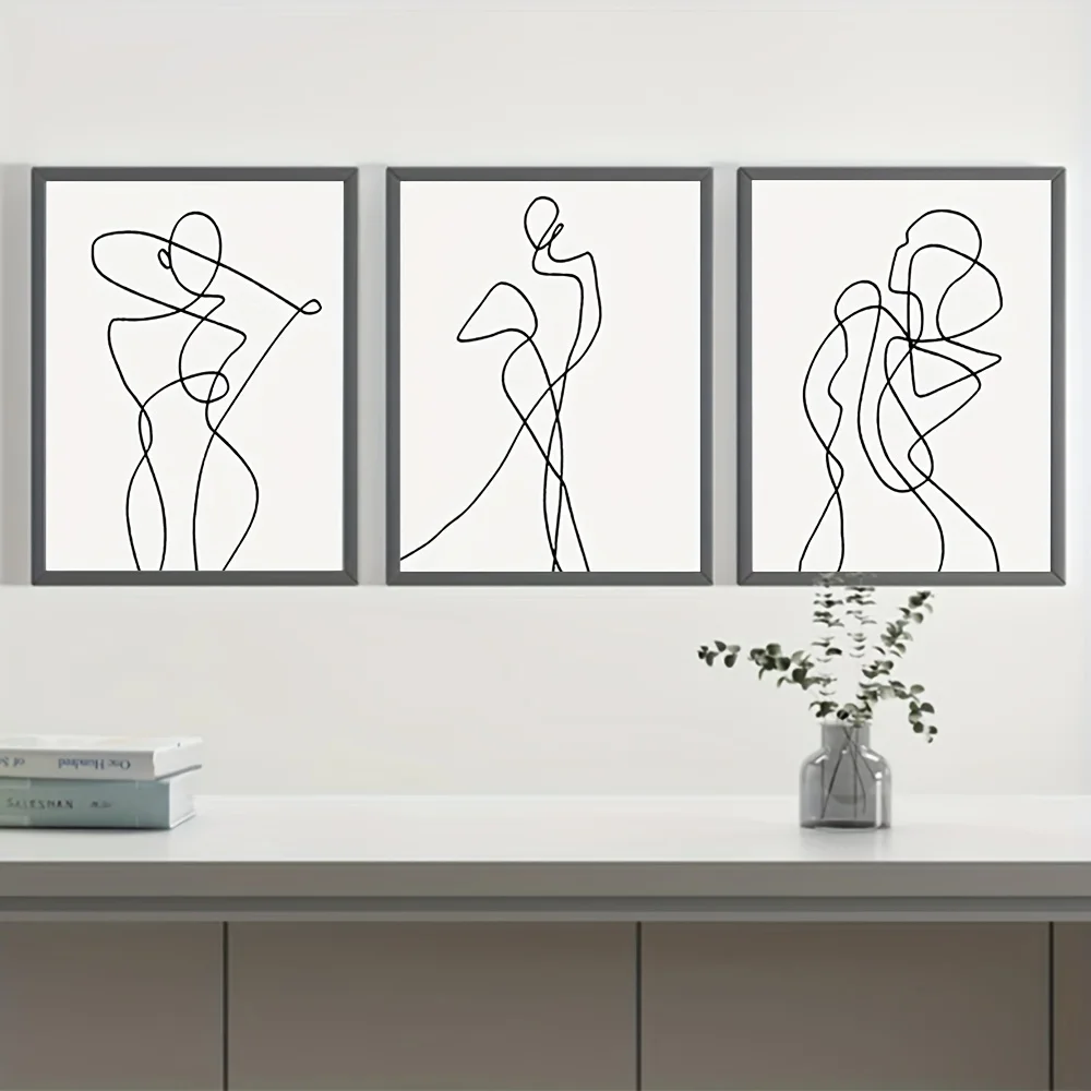 3PCS--3pcs Unframed Abstract Women Silhouette Wall Art Posters, Minimalist Black and White Line Drawing Prints on Canvas, Fra