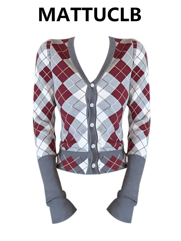 

Зимний женский кардиган контрастного цвета, пуловеры в ромбовидной клетку, свитер с v-образным вырезом, трикотаж с длинными рукавами, джемпер со старыми деньгами 2000-х годов