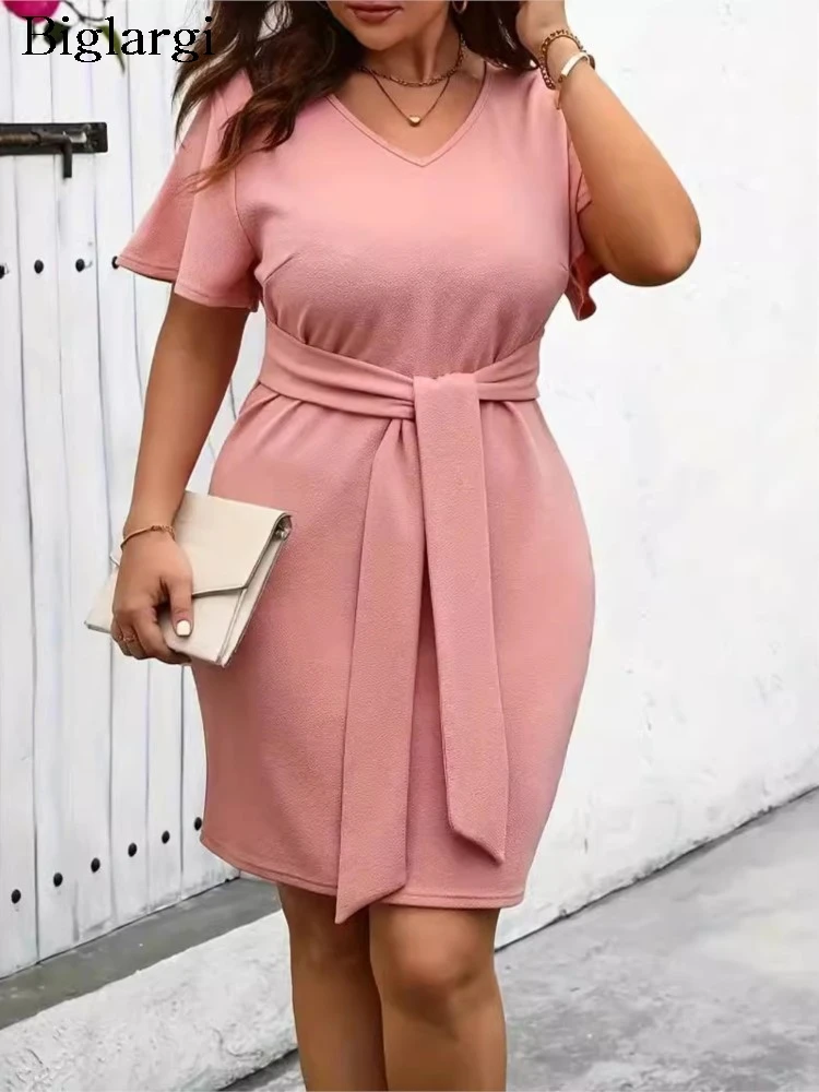 

Plus Size Summer Pink Mini Dress Women Slim Bodycon Fashion Ruffle Short Sleeve Ladies Dresses Pleated Woman V-Neck Dress