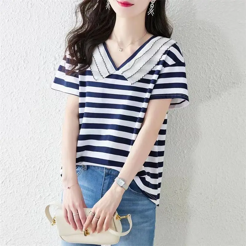 

Preppy Style V-Neck Striped Design Sense Pullover Summer New Chic Short Sleeve Sweet Aesthetic Casual Clothes Women's T-shirt