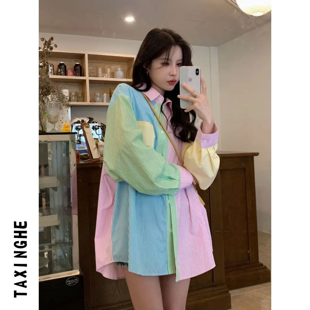 

New Fashion Color-blocked Striped Long Sleeve Shirt Women's 2025 Spring and Autumn