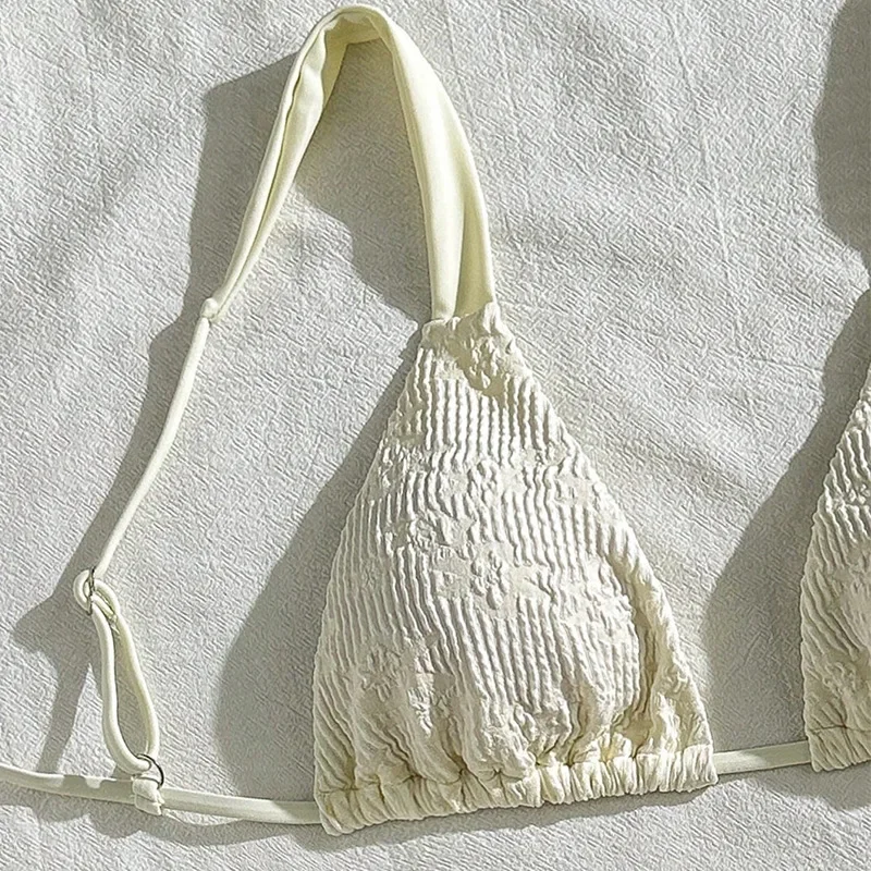 Sexy sólido bege com nervuras conjuntos de biquínis duas peças halter gravata tanga biquíni maiô praia outfits biquini tankini