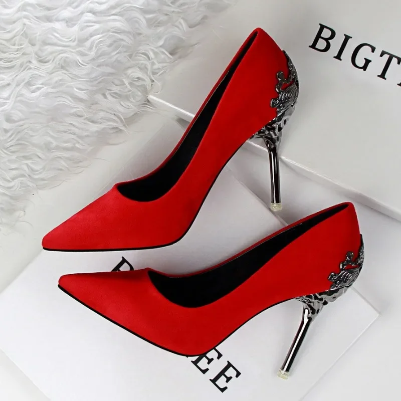2024 Spring Women Shoes Pointed Toe Pumps 10CM Thin High Heels Boat Shoes Flock Frosted Metal Hollow Dress Wedding Shoes