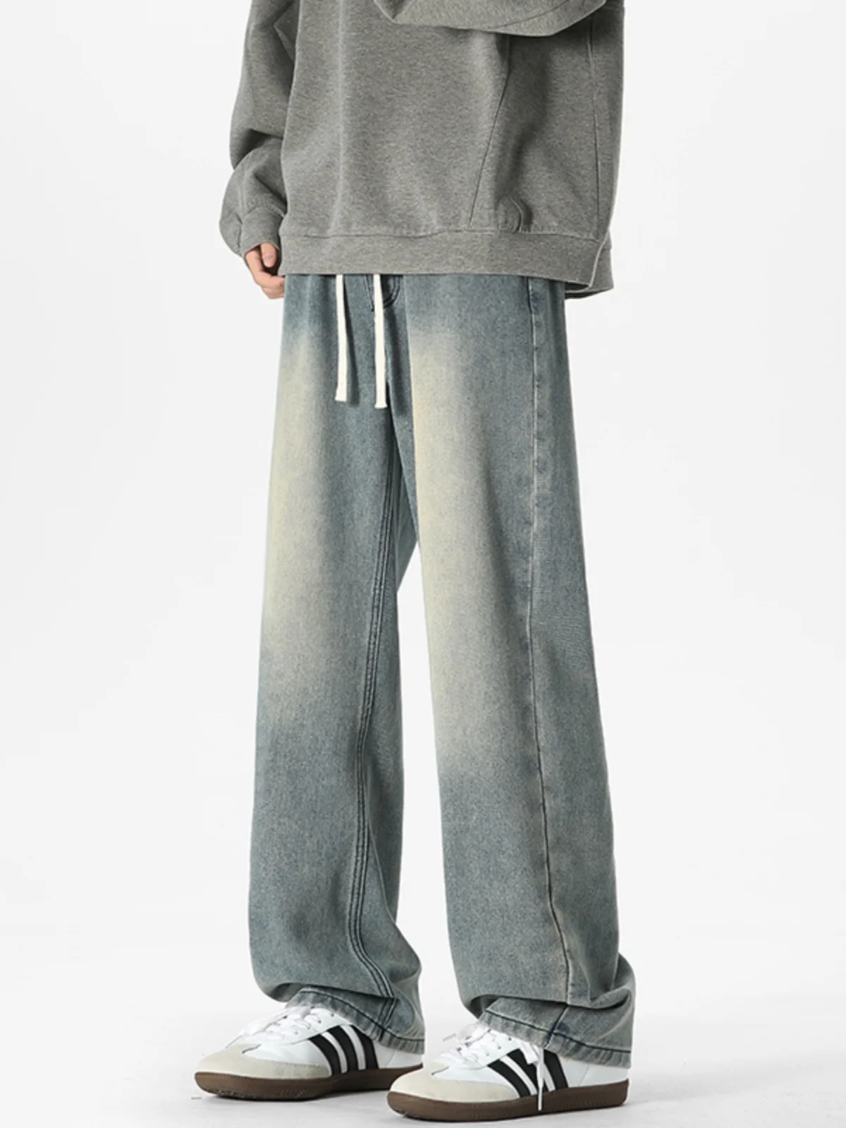 

Мужские джинсы в американском стиле ретро, весна-осень, свободная талия, широкие брюки, прямые повседневные брюки с эластичной резинкой на талии, большой размер, свободный крой