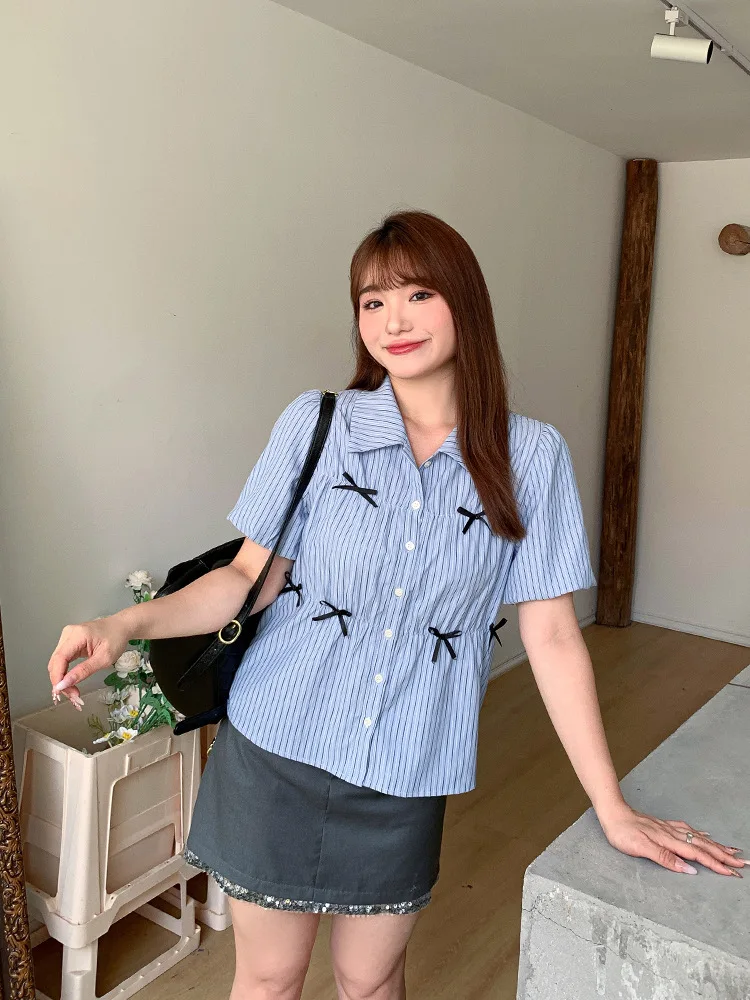 

2026 New Preppy Bow Blue Shirts Plus Size Women Loose Slimming Sweet Daily Office Blouse
