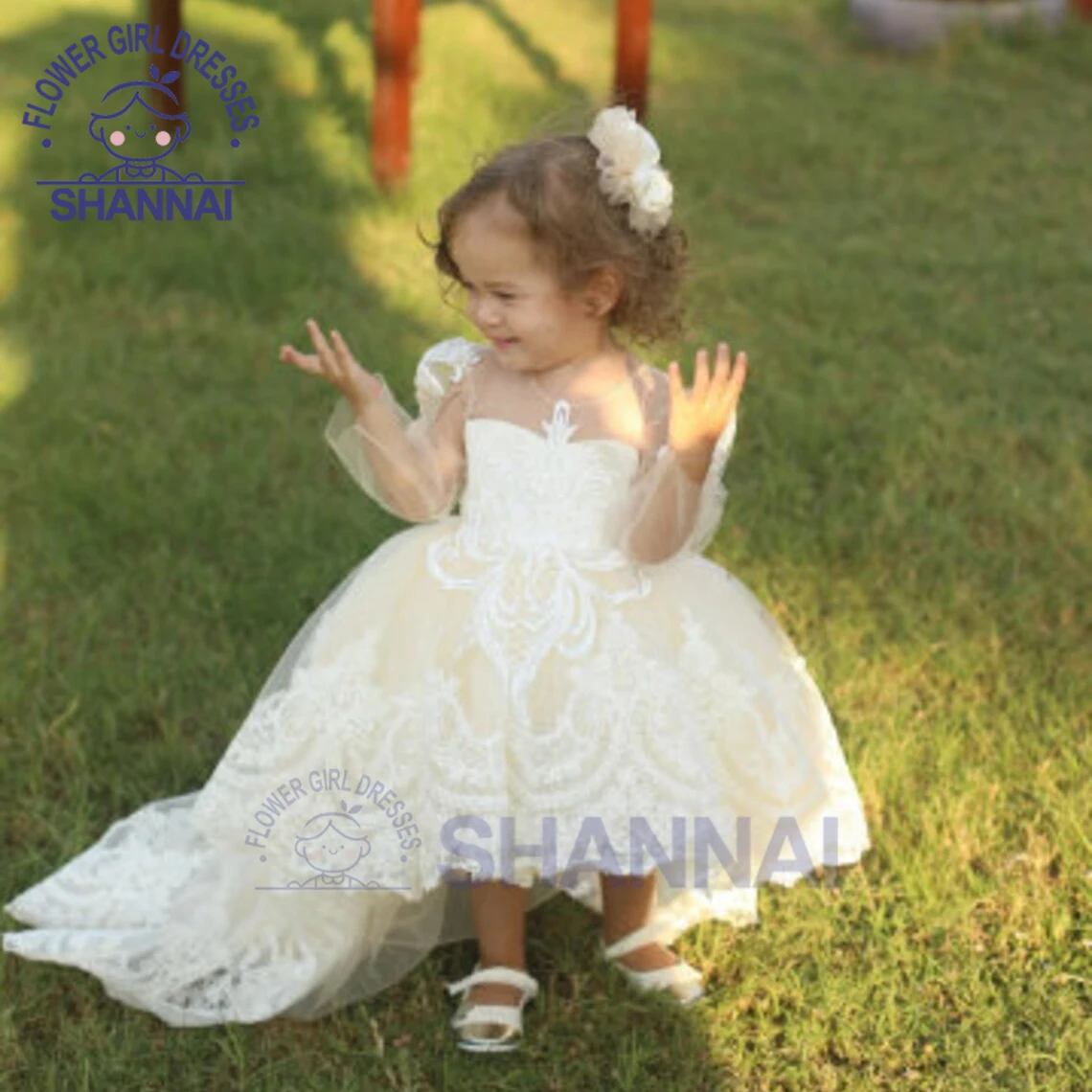 White Lace Long Sleeve Flower Girl Dresses with Trailing for Wedding Baby Girl Birthday Communion Party Special Occasion Gown