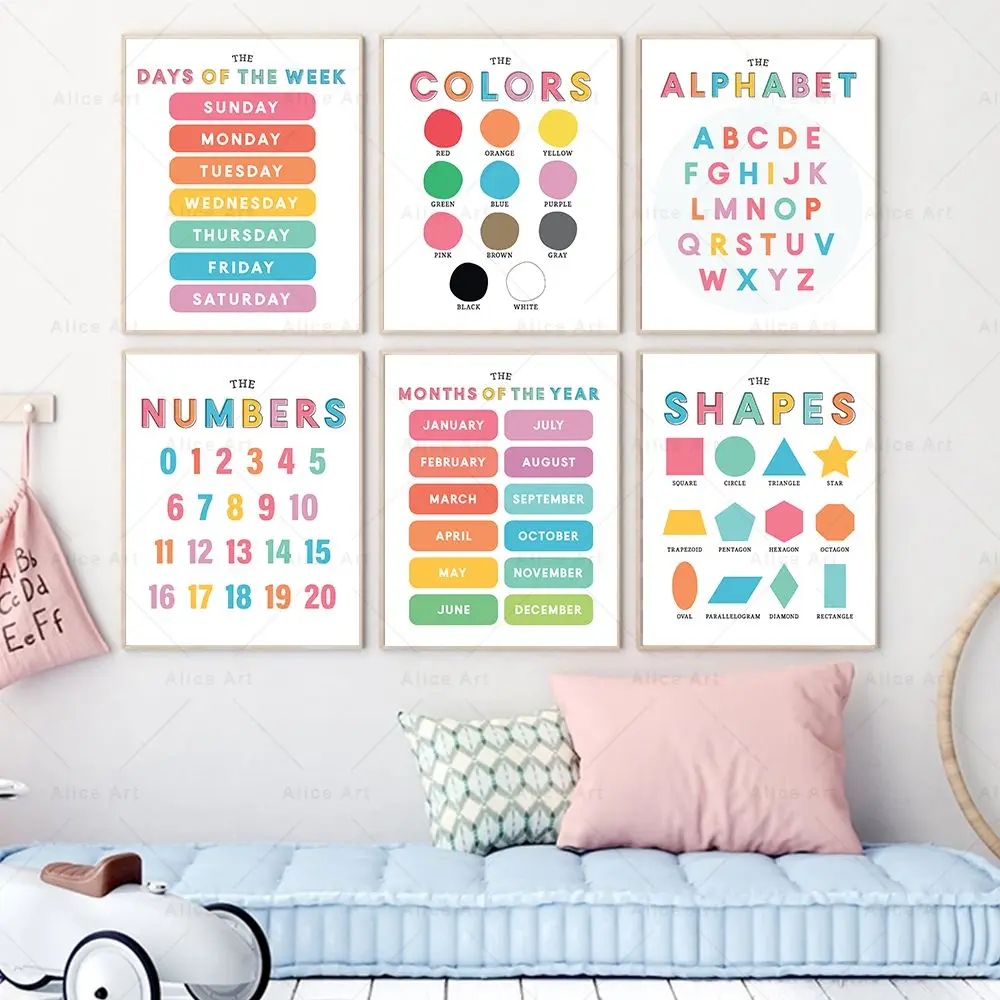 Alphabet ABC Number Colors Shape Continents Time Sight Words Wall Art Canvas Painting Nordic Poster And Print Kids Room Decor