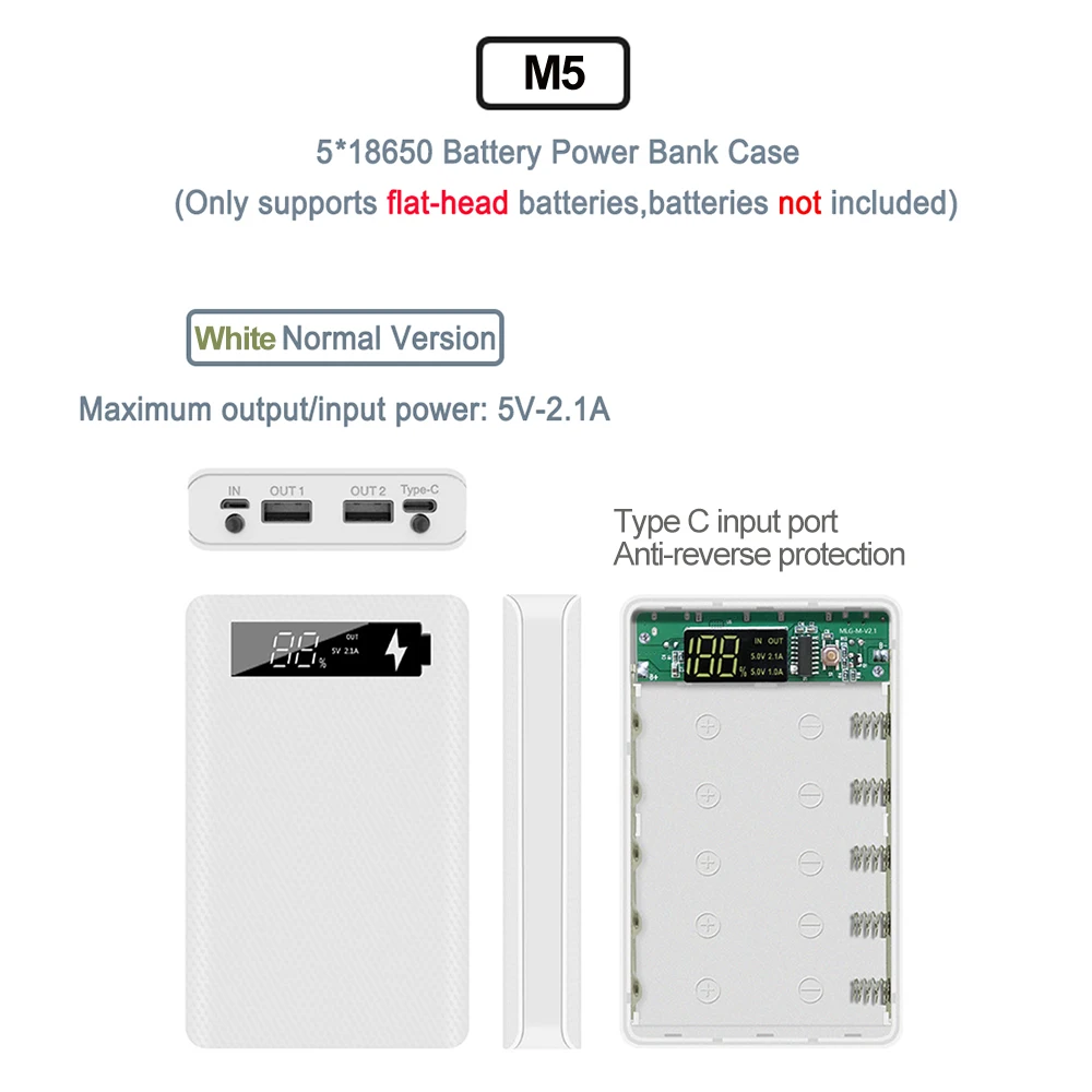 DIY Shell Detachable Power Bank Case 5*18650 Battery Holder Box With LED Flashlight USB USB C Without Battery