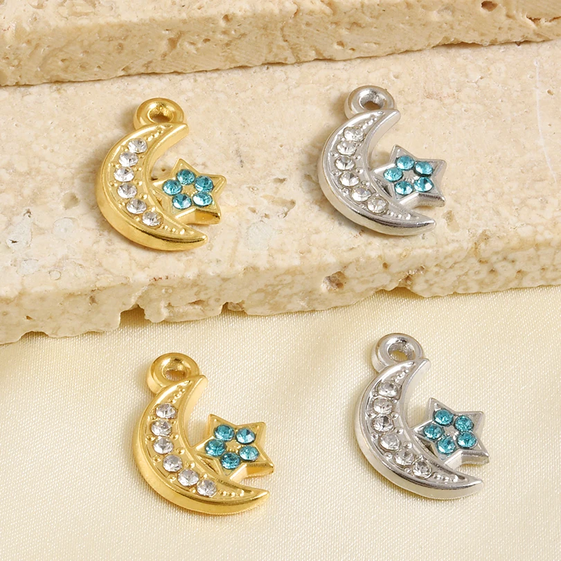 Shiny 6pcs Cross Moon Star Stainless Steel Charms With Colors Rhinestone Beads Y2k Pendant For Jewelry Making Necklace Accessory