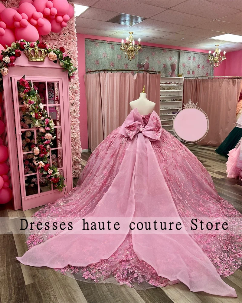 Mexicaanse Roze Kanten Appliques Quinceanera Jurk 2024 3d Bloemen Baljurk Met Strik Kristallen Zoete 16 Dess Vestidos De Xv Anos