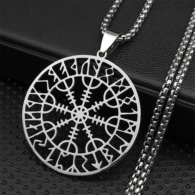 Viking Compass Helm Rune Amulet Necklace Silver Color Stainless Steel Symbol of Protection Necklace Pagan Jewelry N7024S01