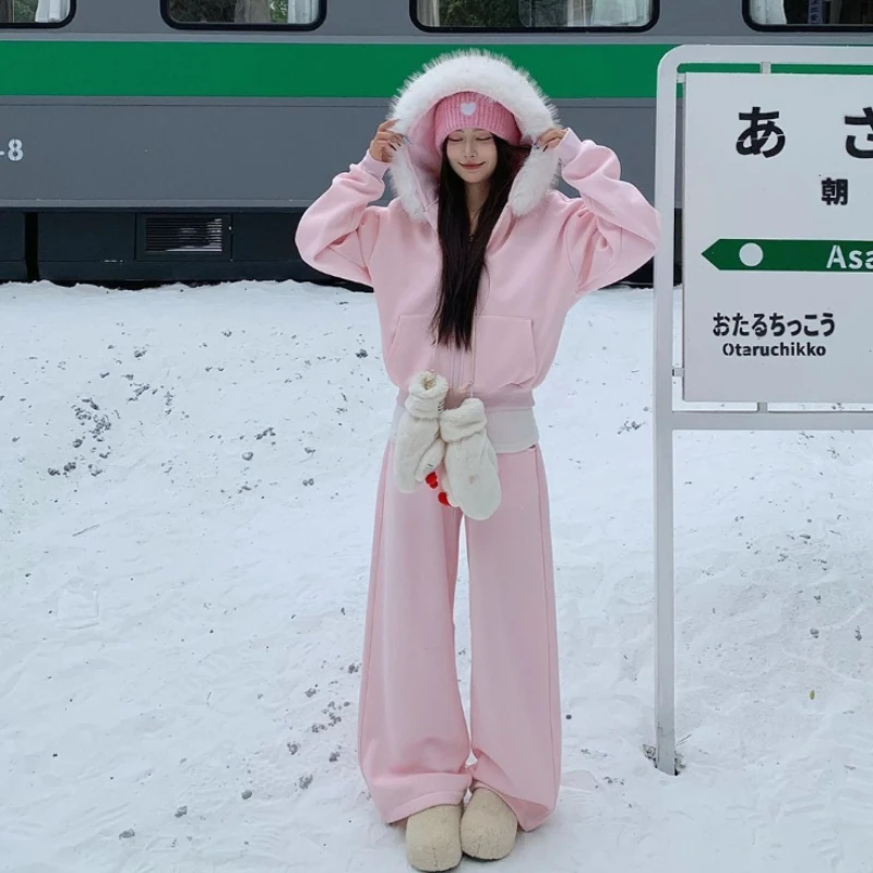 

Осенний американский спортивный костюм Y2k, женские розовые короткие куртки с капюшоном на флисовой подкладке и свободные спортивные штаны с высокой талией, толстые комплекты из 2 предметов