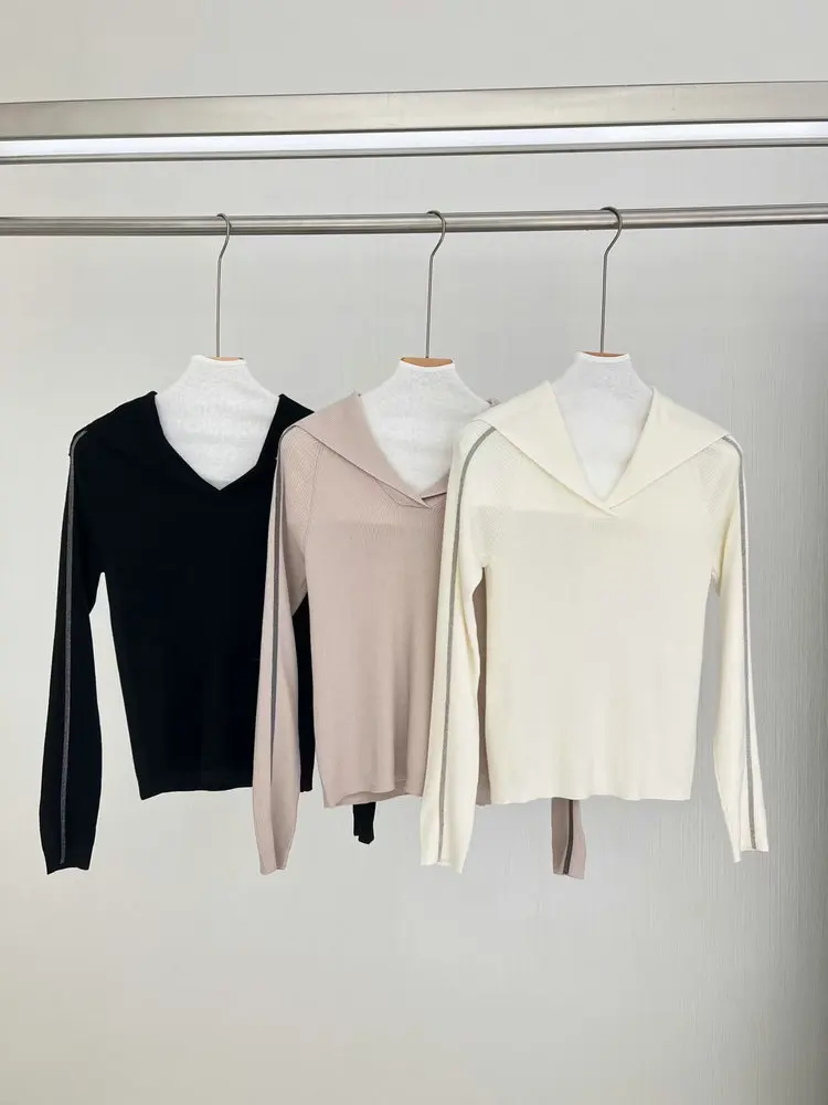 

Beaded Women 100% Wool Sweater Autumn 2024 Turn-down Collar Long Sleeve Slim Elegant Knitted Pullover