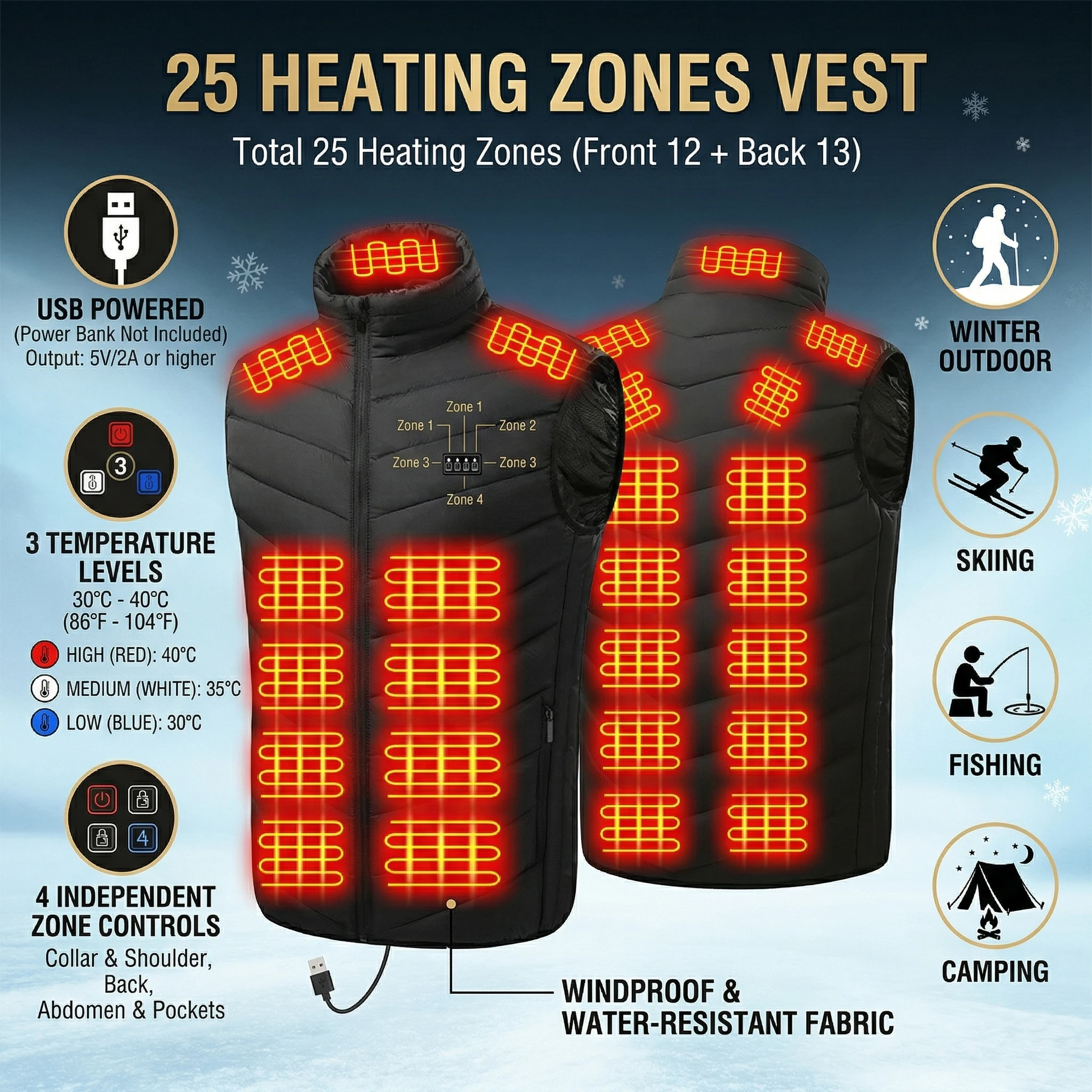 27 Zone Intelligent Heating Vest with USB Port 3 Level Temperature Control 4 Area Switch Polyester Fiber Non-Portable Power Sour
