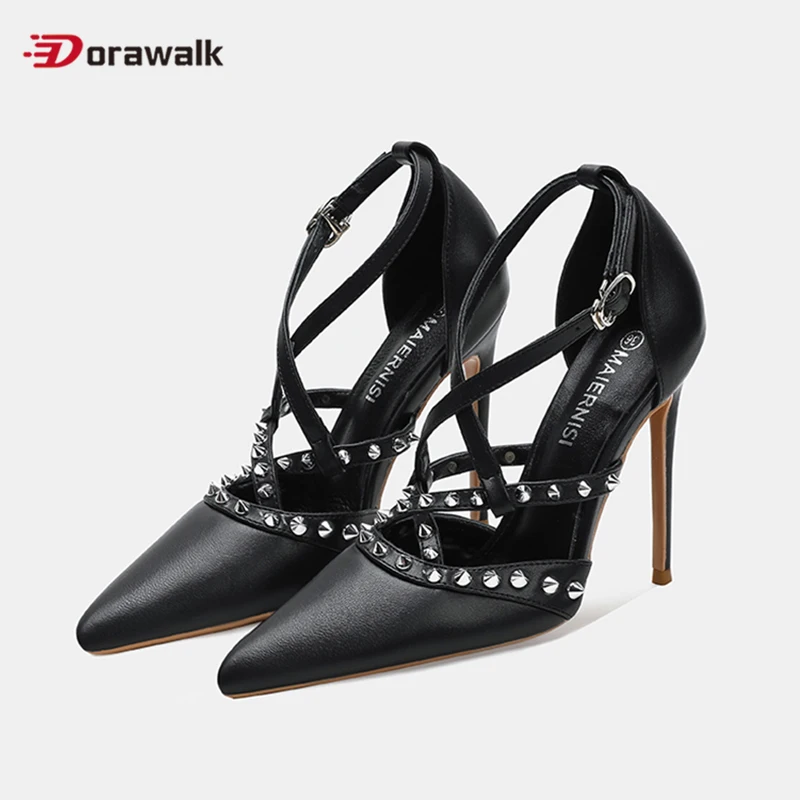 

Черные матовые офисные женские туфли-лодочки из натуральной кожи с заклепками и перекрестной завязкой на очень высоком каблуке с острым носком, модельные рабочие туфли для женщин