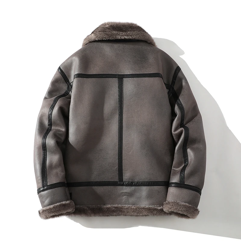 2025 جديد الرجال الدافئة التباين اللون معطف جلد الشتاء فو الفراء بدوره إلى أسفل طوق سترة طويلة الأكمام ، خمر السائق نمط