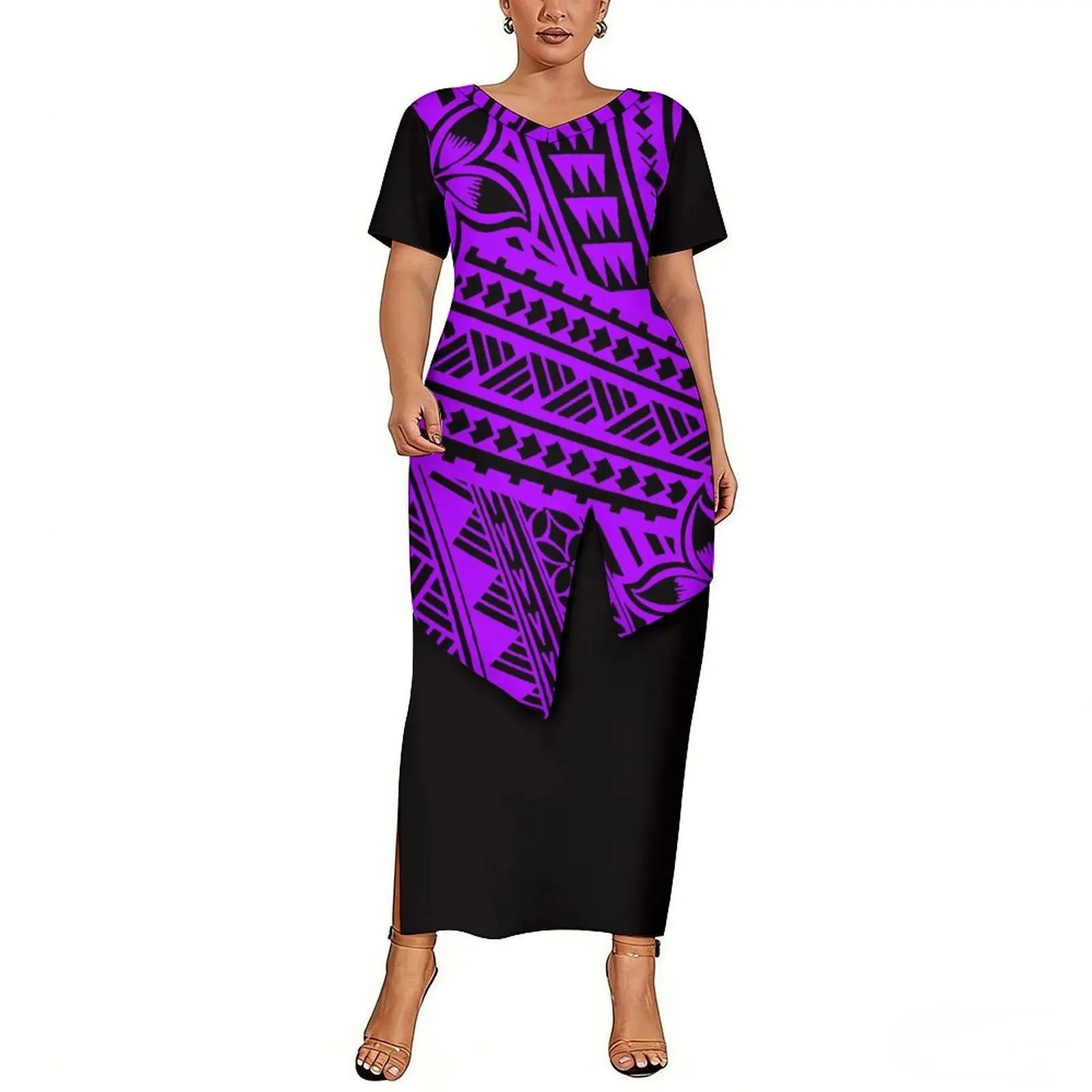 

Комплект из юбки и топа с V-образным вырезом и короткими рукавами для женщин, с расклешенным подолом, в полинезийском стиле, новый дизайн, с приталенной талией, вечернее платье.