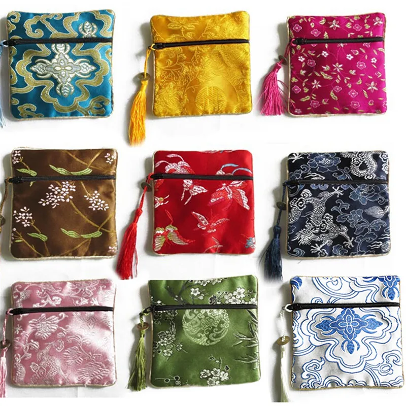 10PCS Mix Colors Chinese Zipper Coin Tassel Silk Square Jewelry Bags Pouches