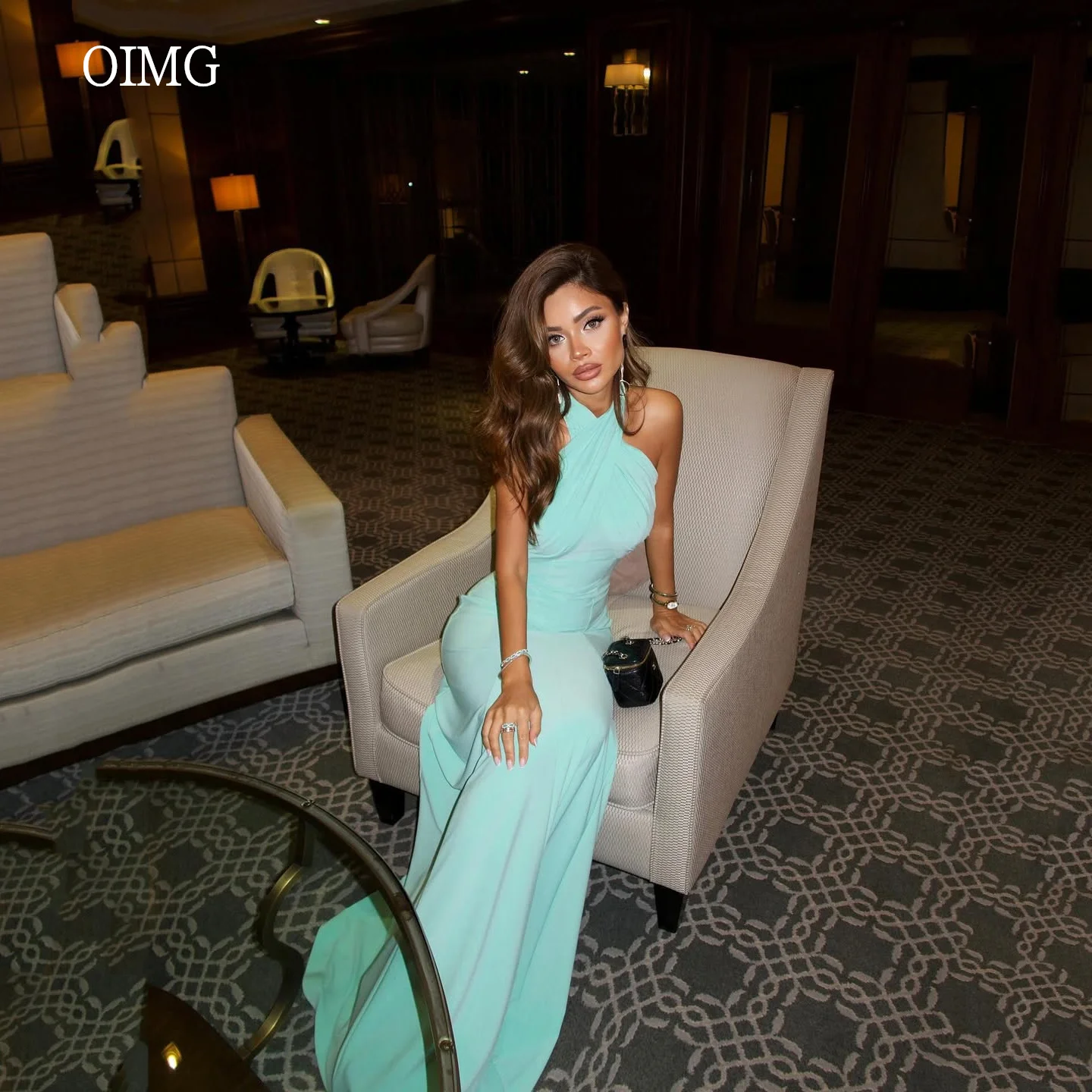 

OIMG Glamorous Halter Mint Green Mermaid Prom Gowns Backless Party Gown Floor Length Evening Dress vestidos de verano Customized