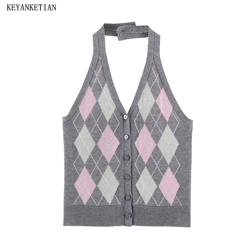 KEYANKETIAN 2026 New Women's Argyle Knit Halter Top Slim Fit Button Down Sleeveless Backless Y2K Summer Preppy Crop Top Camisole