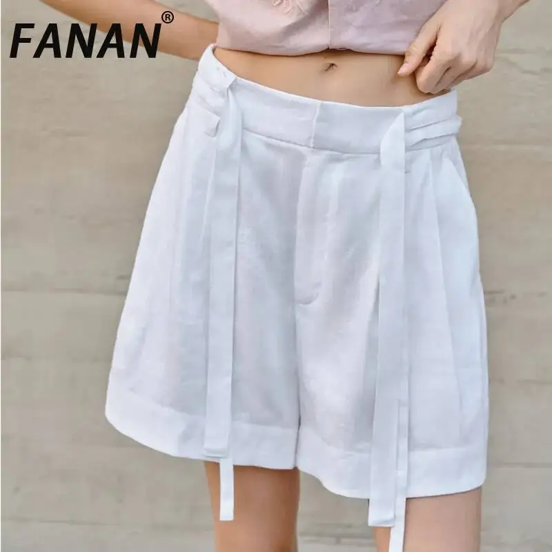 

FANAN 100% Linen High-waisted Shorts For Women 2026 Summer New Design With Belt Linens Clothing Loose Straight-leg Casual Pants