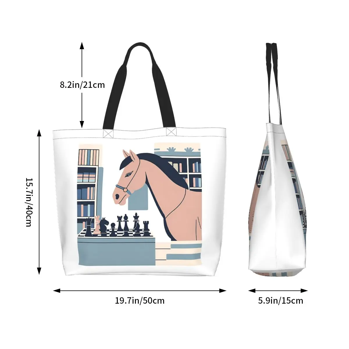 Chess and Horse Shopping Tote Bag Canvas Large Capacity Shoulder Bags Shopper Grocery Handbag for Women