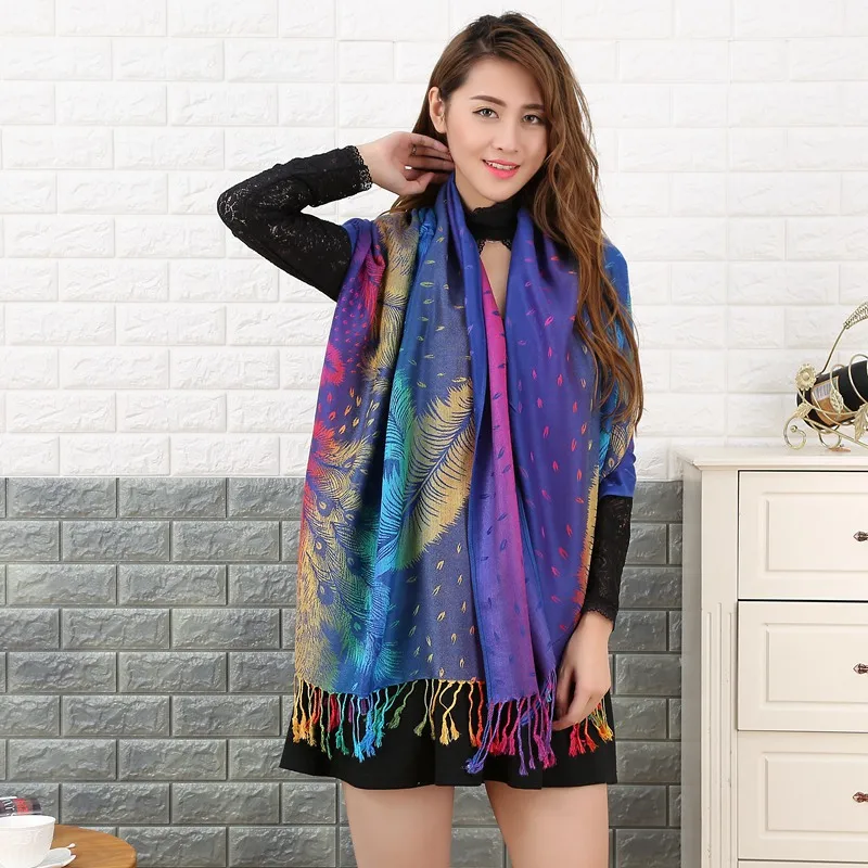 Bohe Style Feather Jacquard Scarf Women Soft Long Shawls and Wraps Gradient Color Ethnic Shawl Sunshade Travel Scarves Pashmina