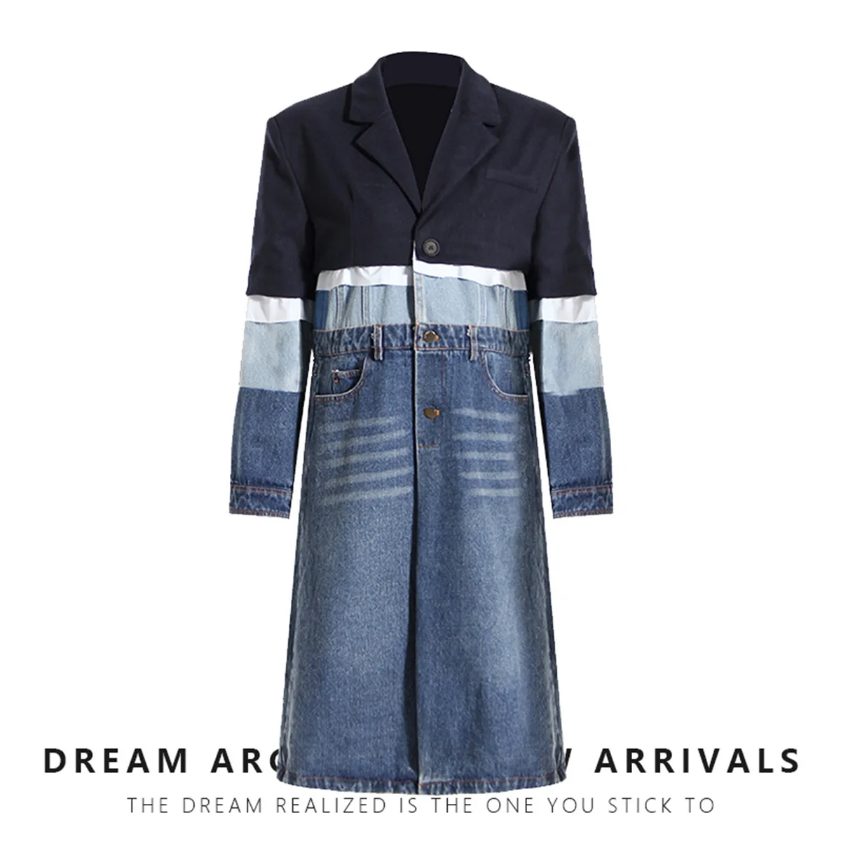 Small Niche Design Denim Trench Women In 2023 Autumn And Winter, Contrasting Color Patchwork For Women, Mid To Long Length,