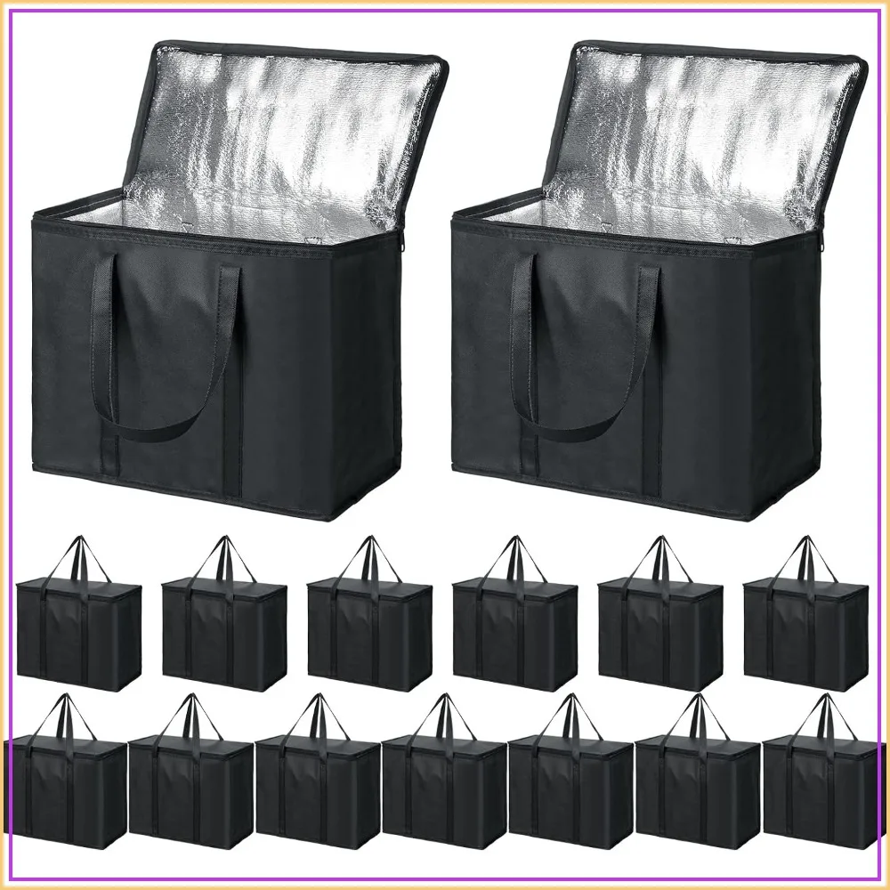 Kenning 15 Pcs Large Insulated Reusable Grocery Bags with Sturdy Zipper and Handles Foldable Washable Cooler Totes Heavy Duty Hot or Cold Food Delivery Bag for Food Transport Travel Lunch