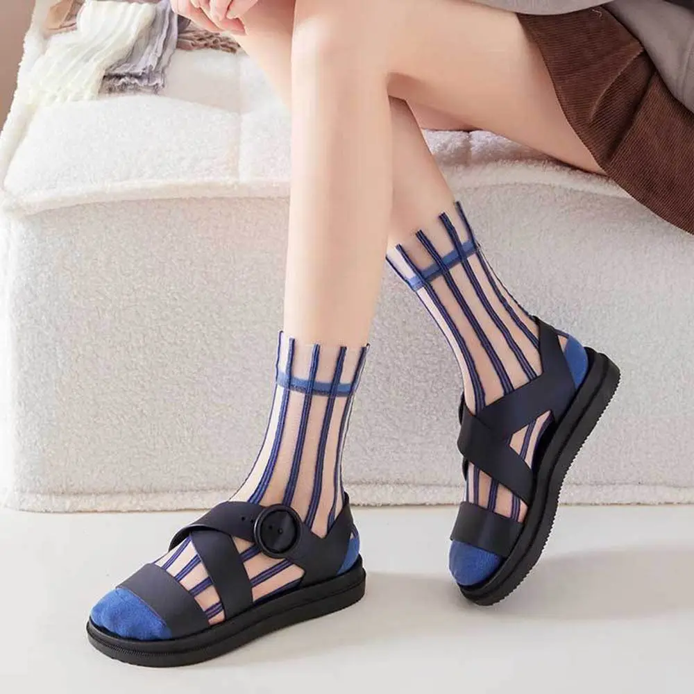 Fashion Striped Mesh Glass Silk Socks For Women Thin Transparent Elastic Summer Nylon Socks Breathable Middle Tube Socks