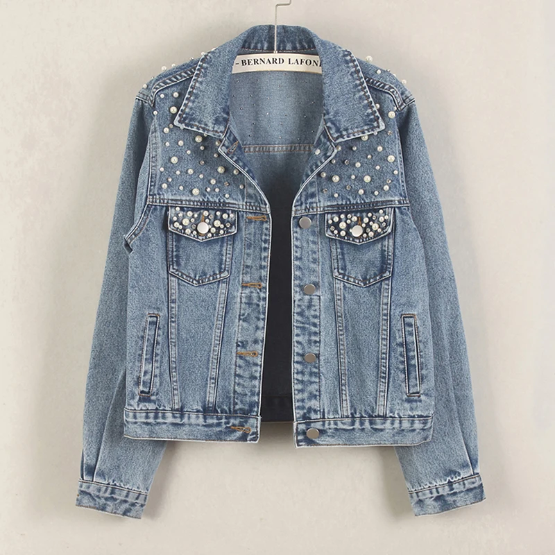 

Fashion Beaded Diamond Korean Vintage Blue Slim Short Jeans Jacket Spring Autumn New Lapel Long Sleeve Female Denim Jacket Coat