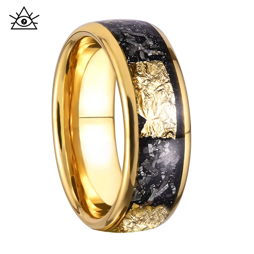 Men's 8mm black/gold tungsten carbide wedding ring with nebula galaxy wedding commitment gold foil inlaid genuine meteorite ring