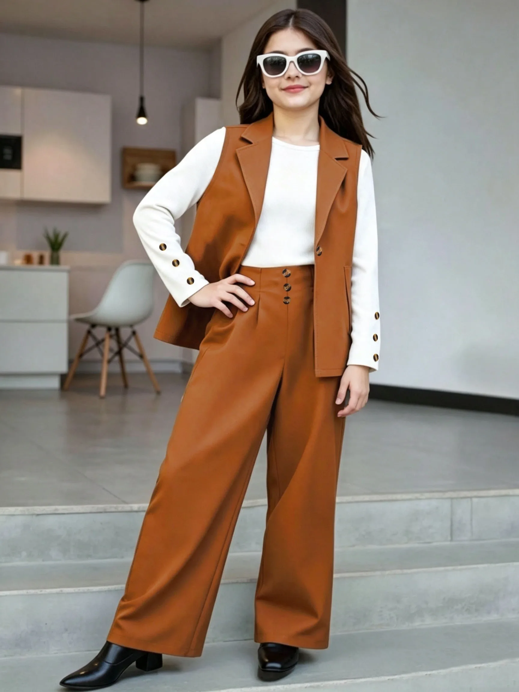 This Stylish Three-Piece Suit Set for Girls Includes a Sleeveless Collared Vest, a Long-Sleeved Ribbed Undershirt, and High-Waisted Pants