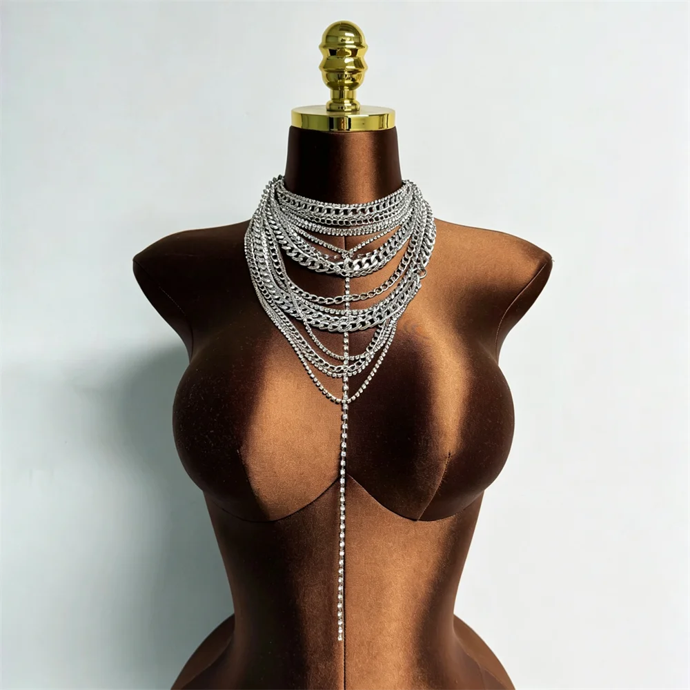 

Sexy Women Multi-Layer Metal Chain Body Necklace with Long Pendant for Bikini Beach Party Club Wear Fashion Jewelry Accessory