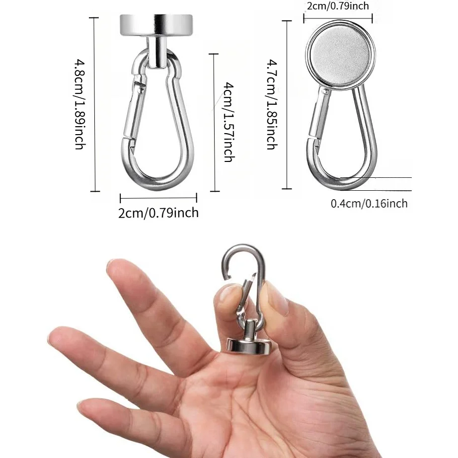 2Pcs 360° Rotatable Magnetic Carabiner Hooks Heavy‑Duty Quick‑Clip Silver Metal Hooks for Kitchen Garage BBQ Cruise Outdoor Hang