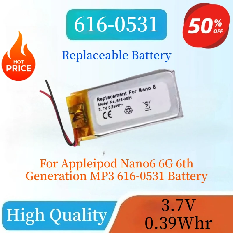 

High Quality Brand New 3.7V 0.39Whr Replacement Battery For Appleipod Nano6 6G 6th Generation MP3 616-0531 Battery + Free Tools