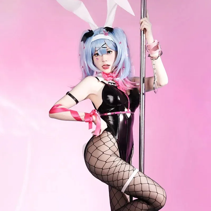 Miku Rabbit Hole Cosplay Costume Black Leather Bunny Girl Jumpsuit Headwear Tights Props Full Set Party Anime Carnival Dress Up6