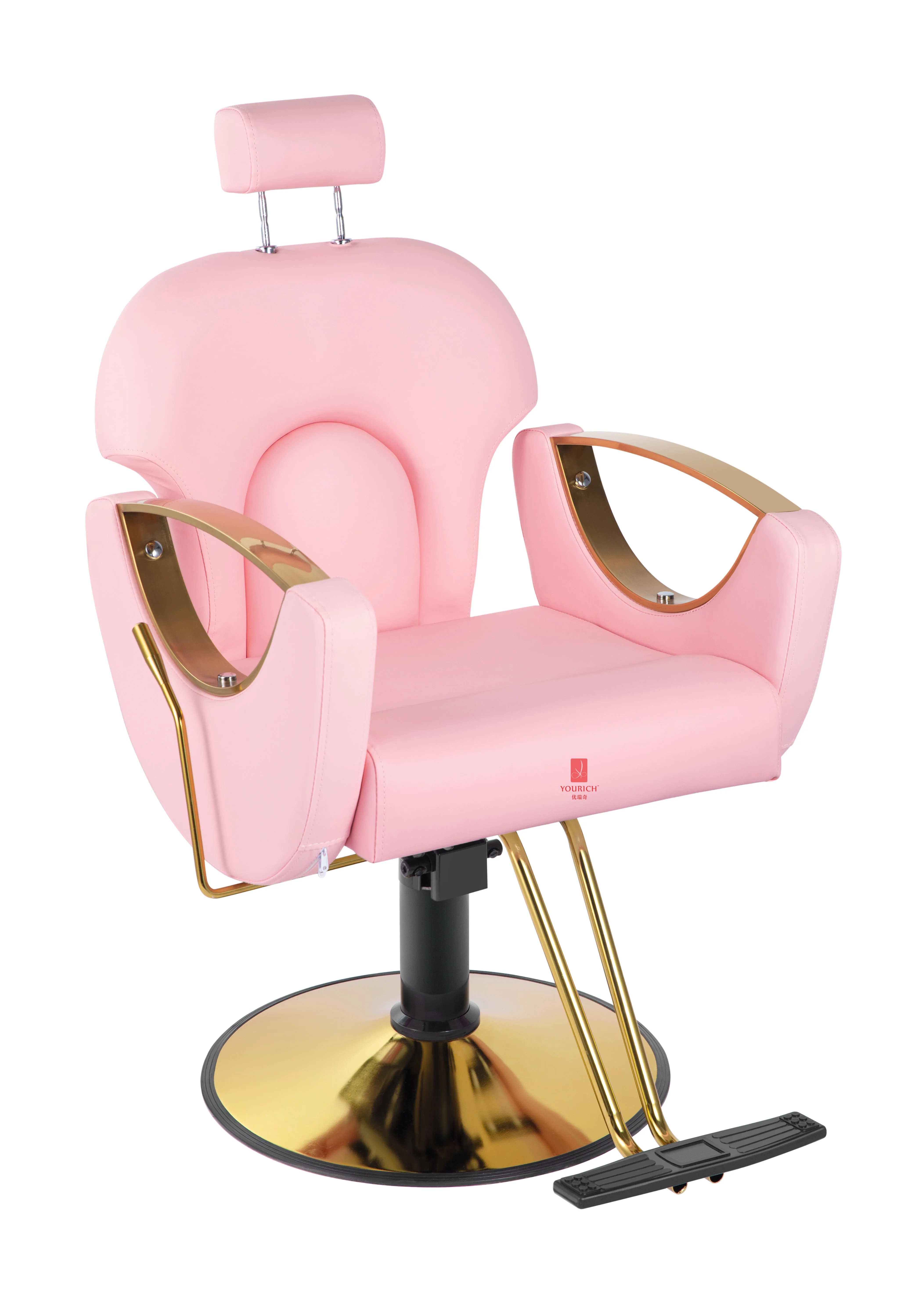 Pink reclining barber chair with gold 360 rotating salon styling furniture adjustable - suitable for schools and hair stylists
