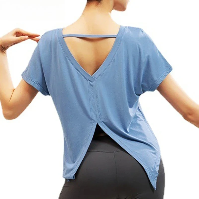 V-vormige yoga-top met split aan de achterkant, korte mouw, lichtgewicht, ademend, los, sneldrogend, pilates, dansen, fitness, cover-up
