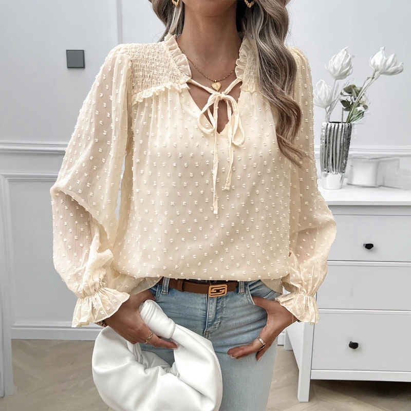 

Fashionable Jacquard Shirt with Feminine Elegance V Neck Long Sleeved Top