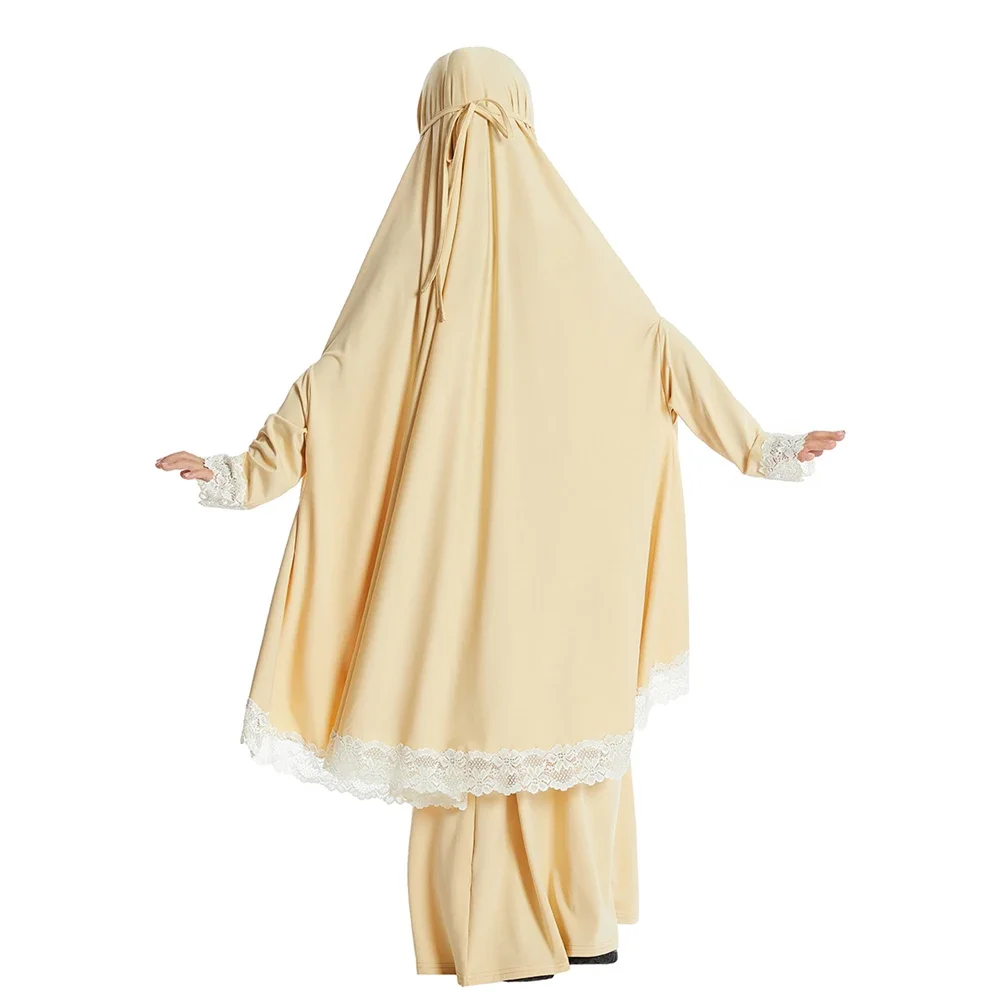 Eid Djellaba Muslim Sets Hijab Dress Lace Khimar Caftan Prayer Garment Abaya Kids Girls Burqa Robe Hooded Skirt Islam Clothing 2