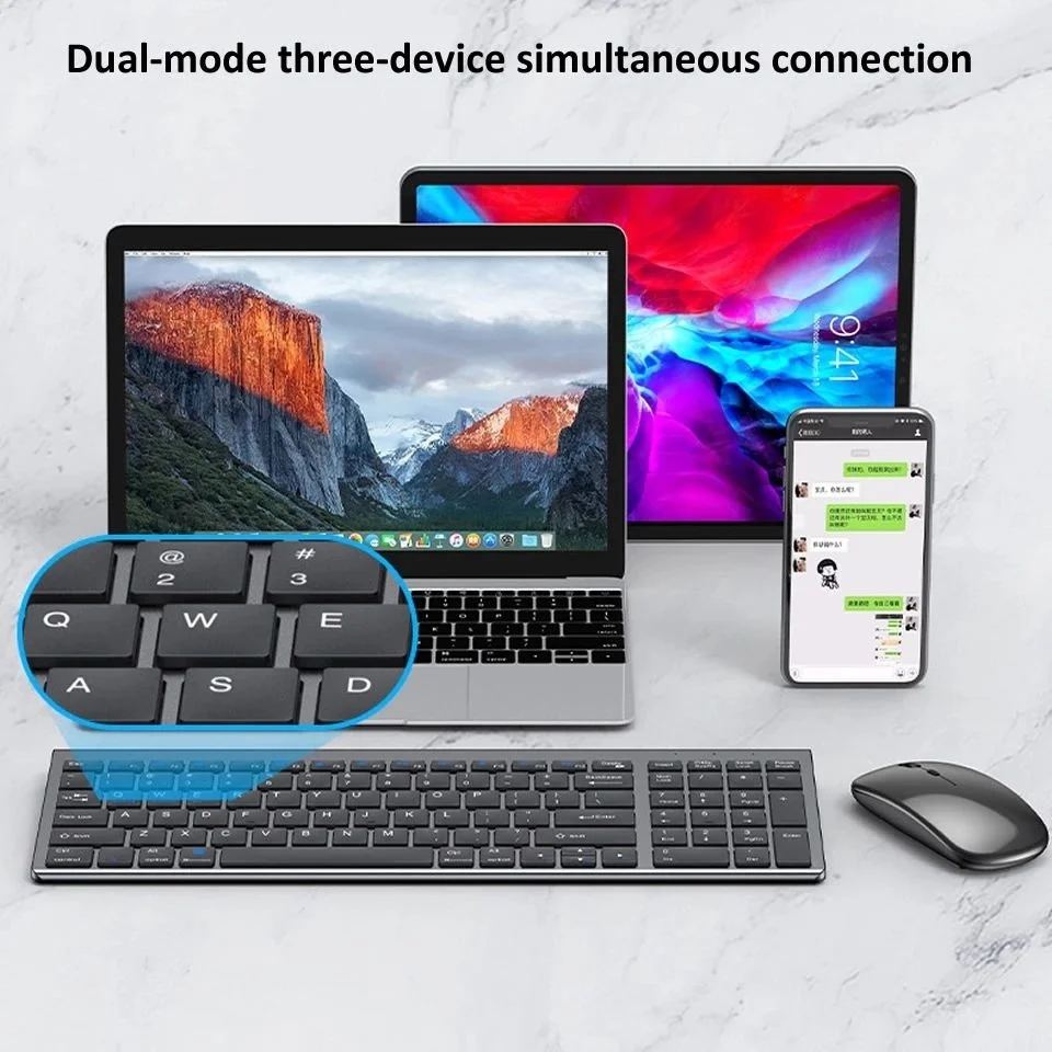 Jomaa Ultra-thin Keyboard and Mouse Wireless Set Hebrew/Portugal USB 2.4G + Bluetooth Keyboard and Mouse Comb Rechargeable