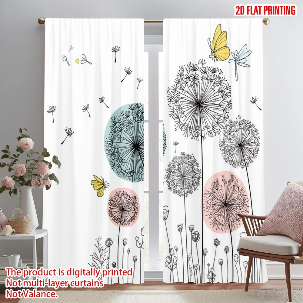 

2D flat printing 2pcs Curtains Butterflies and Dandelions Digital Printed Polyester Drapes Birthday Party for Indoor