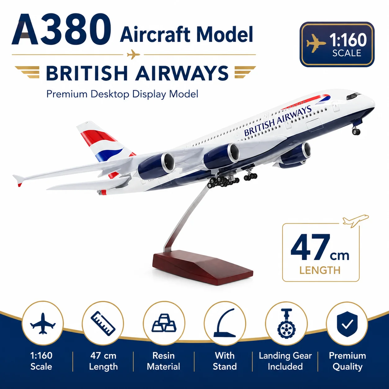 47 cm A380 British Airways Passenger Jet 1/160 Scale with Lights and Landing Gear Die-Cast Plastic and Resin Model Collectible