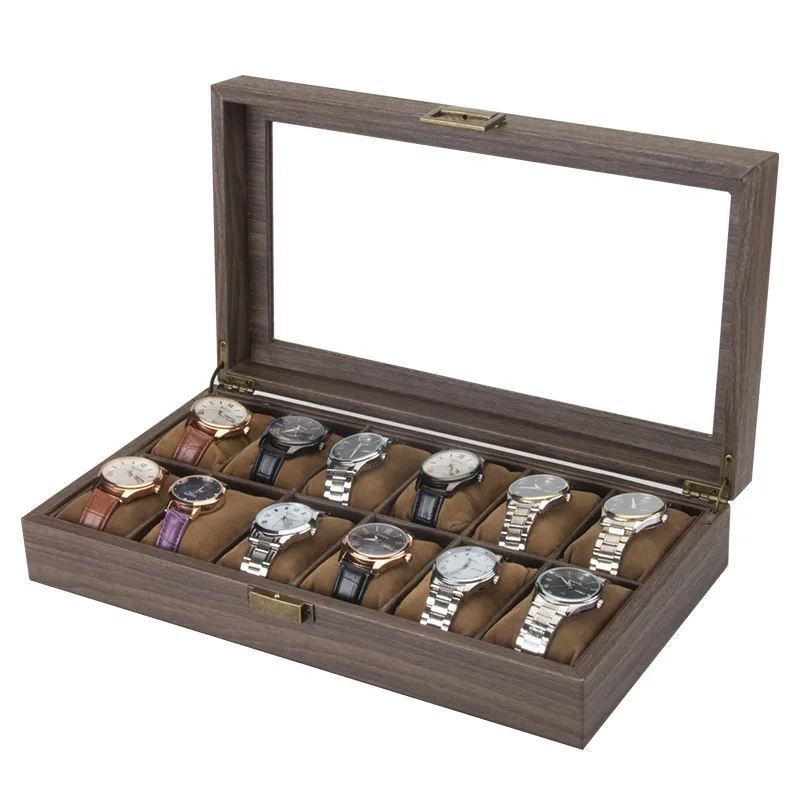 New Retro 12 Grids Watch Box Wood Grain PU Leather 12 Slots Jewelry Watch Display Case Holder Storage Box Organizer Gift Box