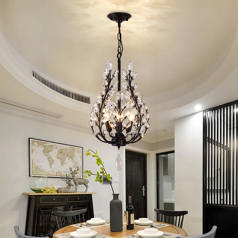 American Vintage Chandelier Lighting E14 Bulb Luxury Crystal Black Farmhouse Ceiling Pendant Lamp For Living Dining Room Bedroom